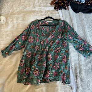 NATURAL LIFE Green Tunic with Pink Floral Print